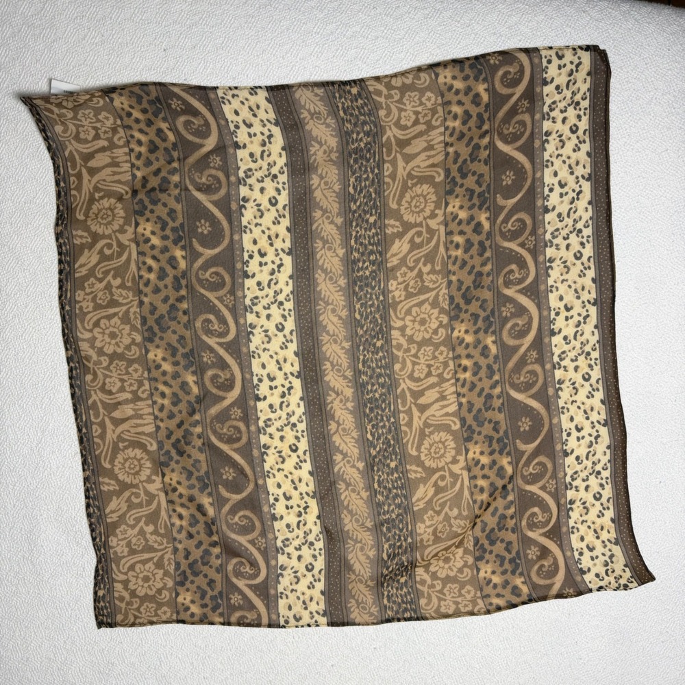 Allison Taylor 100% Silk Square Scarf Brown Leopard Floral Print Neckerchief